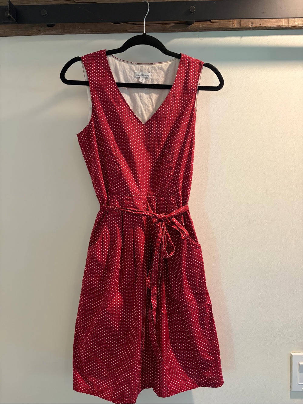 L.L. Bean Red Polka Dot Sleeveless Wrap-Style Midi Dress